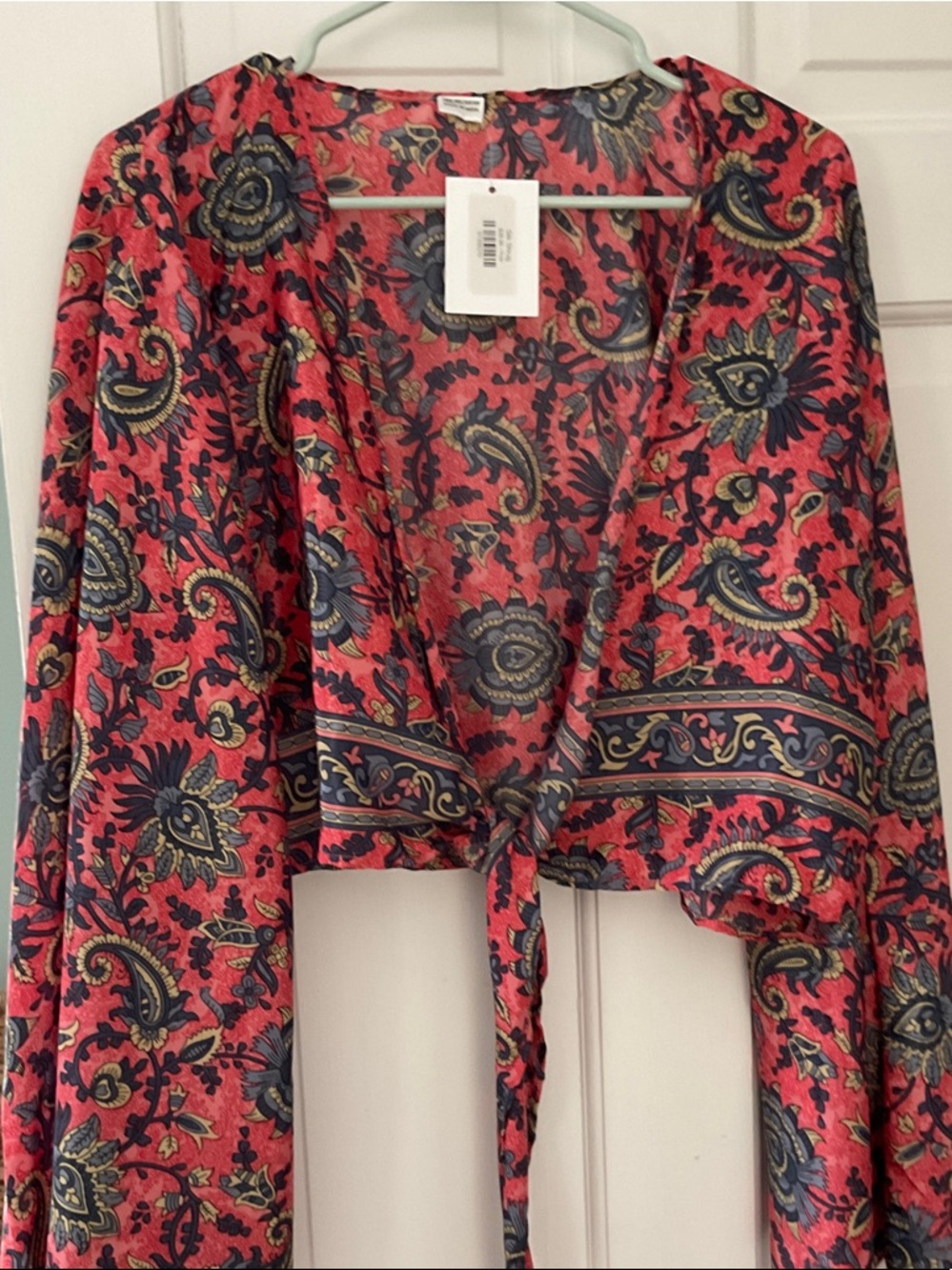 Women's Red Paisley Tie-Front TopBell sleeve